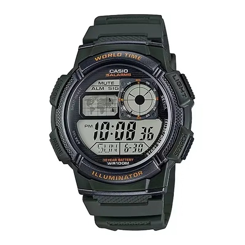 Orologio CASIO SPORT DIVER - WORLD TIME ILLUMINATOR 5 ALARMS, 10 YEARS BATTERY - ARMY GREEN Uomo