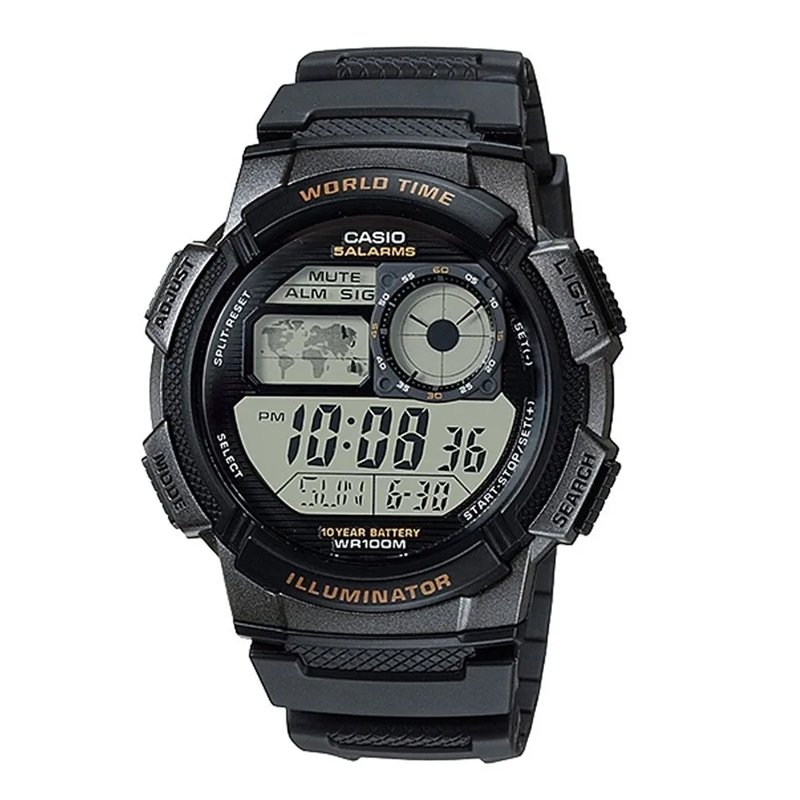 Orologio CASIO SPORT DIVER - WORLD TIME ILLUMINATOR 5 ALARMS, 10 YEARS BATTERY - BLACK Unisex