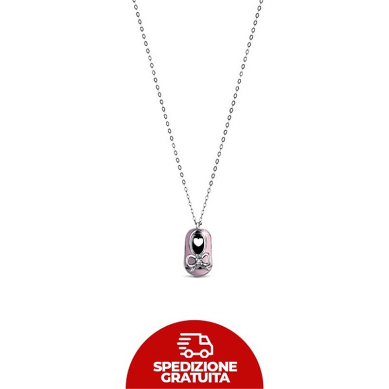 Collana in oro bianco 9kt con ciondolo a forma scarpetta rosa e zircone centrale