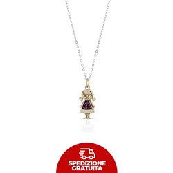 Collana in oro con ciondolo a forma di bimba e zaffiri rosa