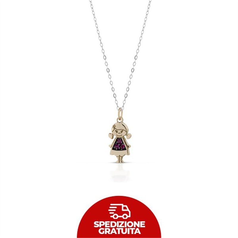 Collana in oro con ciondolo a forma di bimba e zaffiri rosa