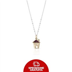 Collana in oro con ciondolo a forma di casetta e zaffiri rosa