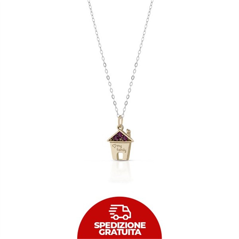 Collana in oro con ciondolo a forma di casetta e zaffiri rosa