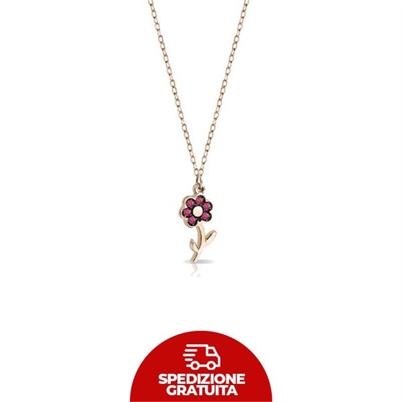 Collana in oro con ciondolo a forma di fiore e zaffiri rosa