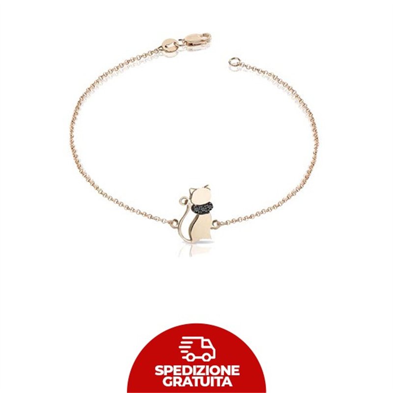 Bracciale in oro con ciondolo a forma di gattino e diamanti neri
