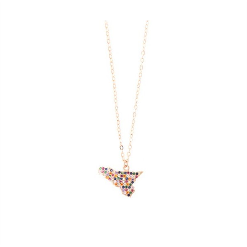 Collana in Argento 925 con ciondolo isola di Sicilia impreziosita da pavè di zirconi multicolore