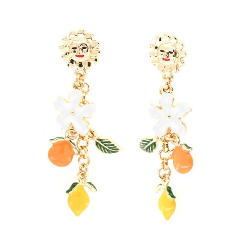Orecchini in Metallo pendenti, con fiori ed agrumi di Sicilia impreziositi da smalti colorati