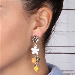 Orecchini in Metallo pendenti, con fiori ed agrumi di Sicilia impreziositi da smalti colorati