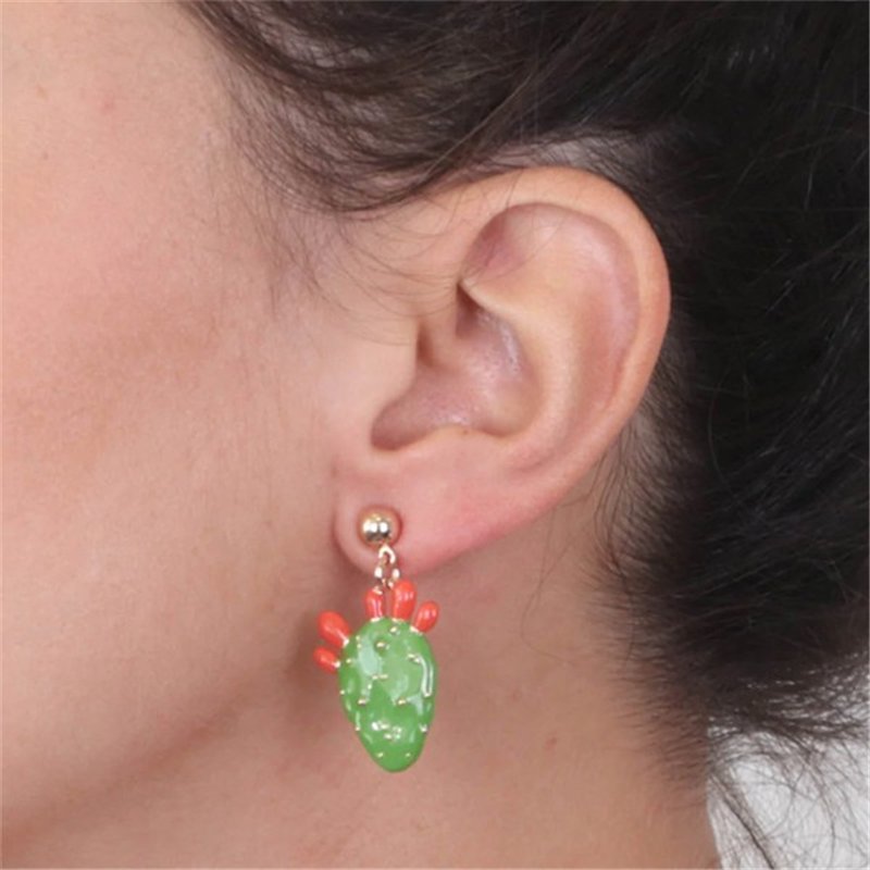 Orecchini in Metallo con fico d’india pendente, impreziosito da smalto verde e punte di smalto rosso