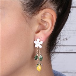 Orecchini in Metallo pendenti, con fiori ed agrumi di Sicilia impreziositi da smalti colorati