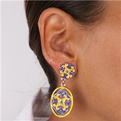 Orecchini in Metallo con maiolica a fiore smaltata blu e giallo