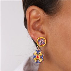 Orecchini in Metallo con maiolica a fiore smaltata blu giallo e rosso
