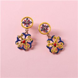 Orecchini in Metallo con maiolica a fiore smaltata blu giallo e rosso