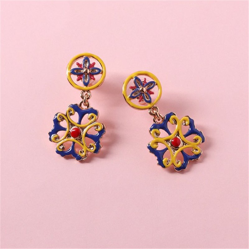 Orecchini in Metallo con maiolica a fiore smaltata blu giallo e rosso