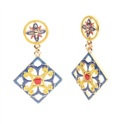 Orecchini in Metallo con maiolica a fiore smaltata blu giallo e rosso