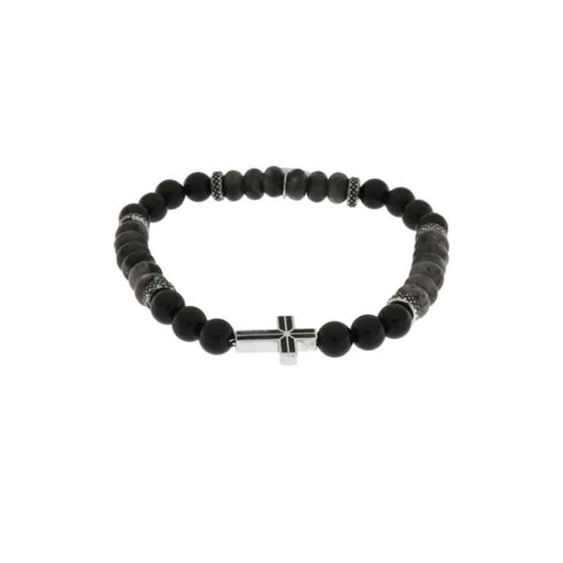 Bracciale in Acciaio con sfere nere e croce centrale in acciaio