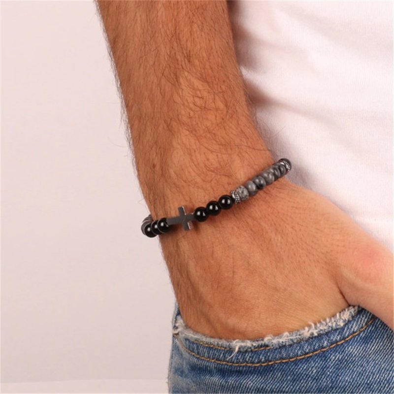 Bracciale in Acciaio con sfere nere e croce centrale in acciaio