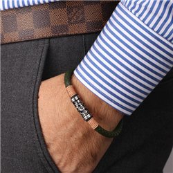 Bracciale in Acciaio rigido in pelle verde con elemento centrale lavorato a fantasia