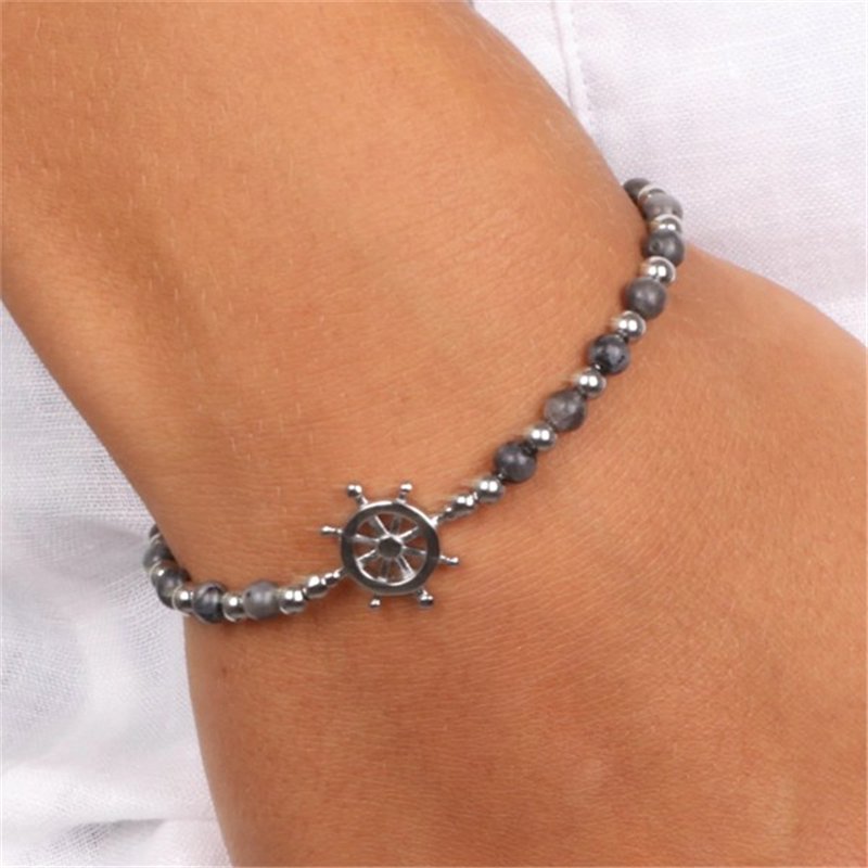 Bracciale in Acciaio con timone centrale e pietra diaspro grigio, metallo