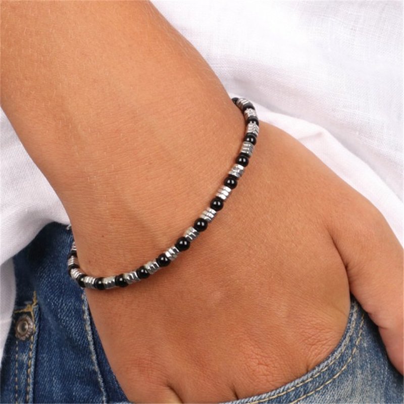 Bracciale in Acciaio con pietra onice nero e cilindri in metallo