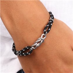Bracciale in Acciaio con nodo nautico centrale di tessuto nero e bianco