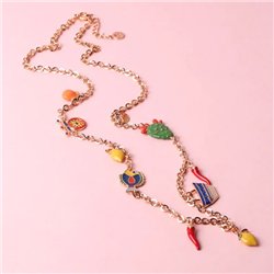 Collana in Metallo con charm siciliani, carretto, coffa, fico d’india, corno portafortuna