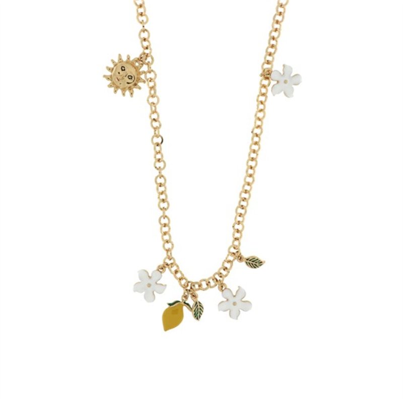 Collana in Metallo maglia rolò, con charms fiori e agrumi di Sicilia, impreziosita da smalti colorati