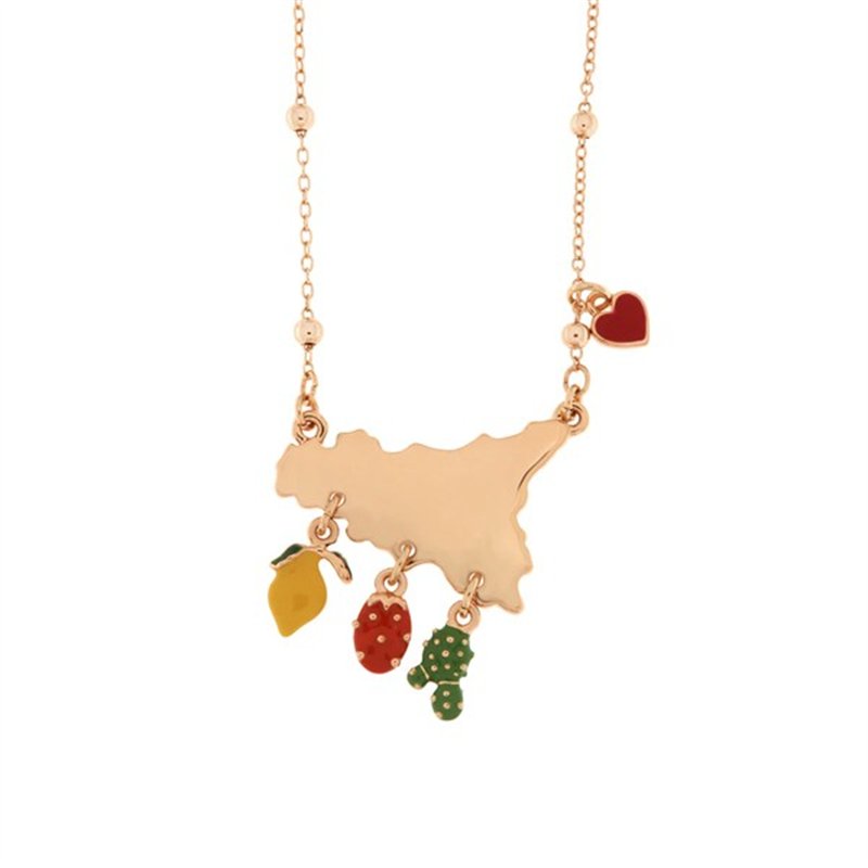 Collana in Metallo con ciondolo Sicilia, limone, fico d’india e cuore
