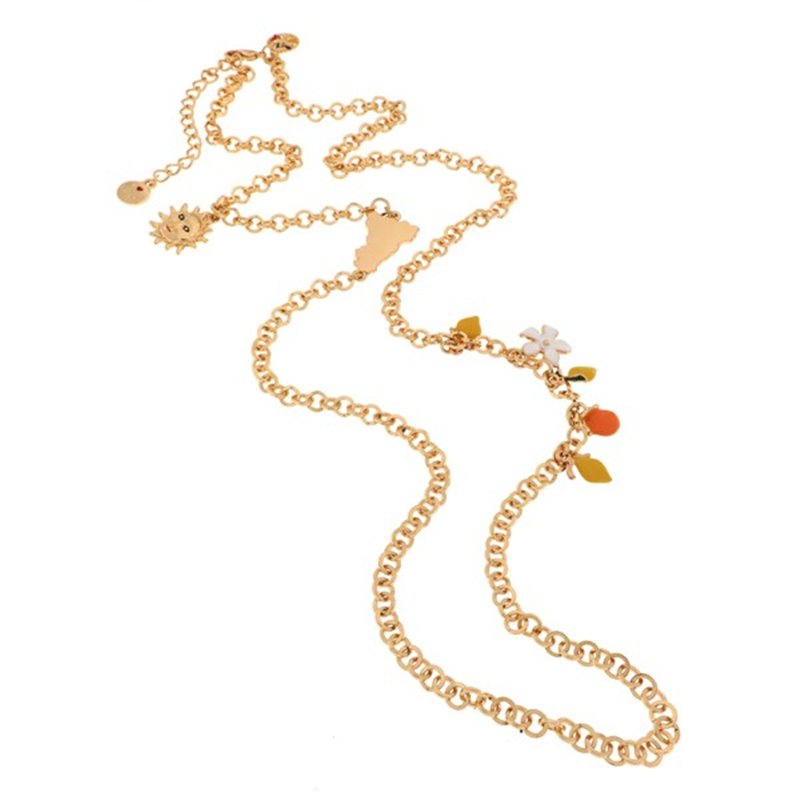 Collana in Metallo maglia rolò, con charm pendenti agrumi di Sicilia impreziositi da smalti colorati