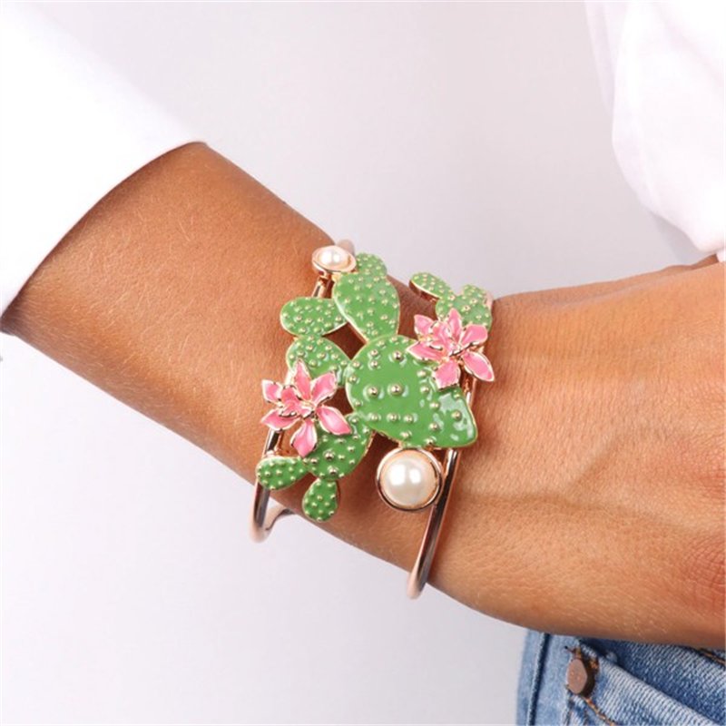 Bracciale in Metallo con intrecci di fiori di cactus e dettaglio in perla bianca
