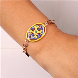 Bracciale in Metallo cristalli bianchi con dettaglio centrale in maiolica a fiore smaltata blu e giallo