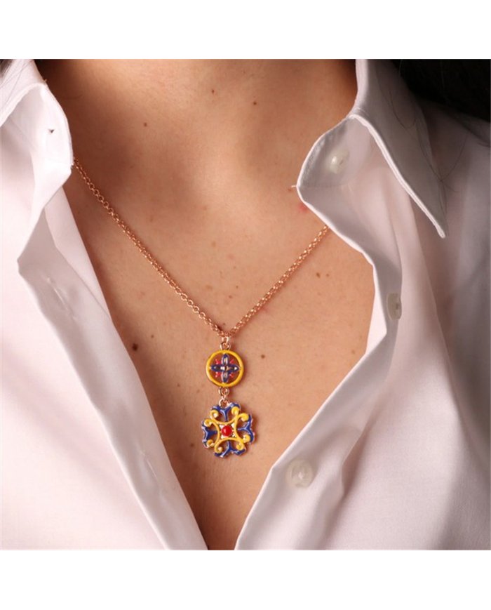 Collana in Metallo con maioliche di Caltagirone impreziosite da smalti colorati