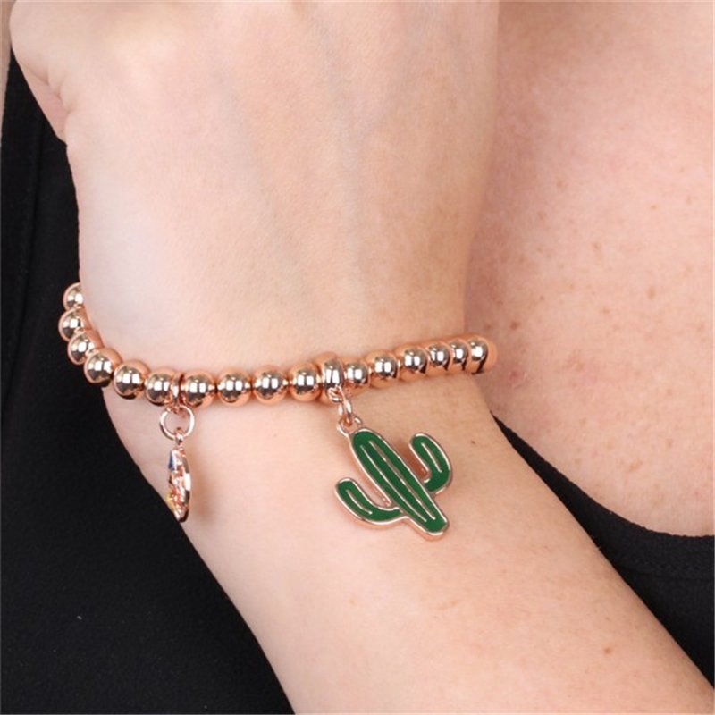 Bracciale in Metallo maglia a sfere, con cactus pendente impreziosito da smalto verde