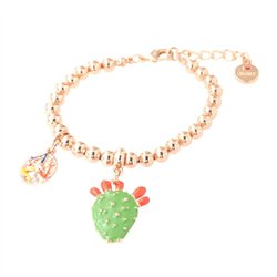 Bracciale in Metallo maglia a sfere, con fico d’india pendente, impreziosito da smalto verde e punte di smalto rosso