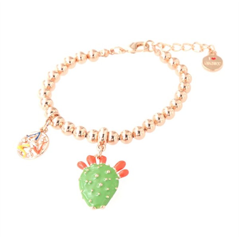 Bracciale in Metallo maglia a sfere, con fico d’india pendente, impreziosito da smalto verde e punte di smalto rosso