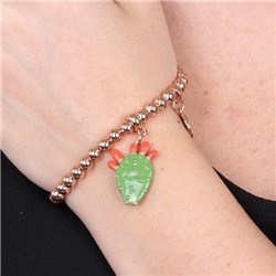 Bracciale in Metallo maglia a sfere, con fico d’india pendente, impreziosito da smalto verde e punte di smalto rosso