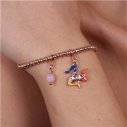 Bracciale in Metallo maglia a sfere piccole, con trinacria impreziosita da smalti e perlina rosa, pendenti