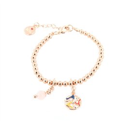 Bracciale in Metallo maglia a sfere piccole, con trinacria impreziosita da smalti e perlina rosa, pendenti