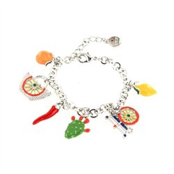 Bracciale in Metallo con charm siciliani, carretto, coffa, fico d’india, corno portafortuna