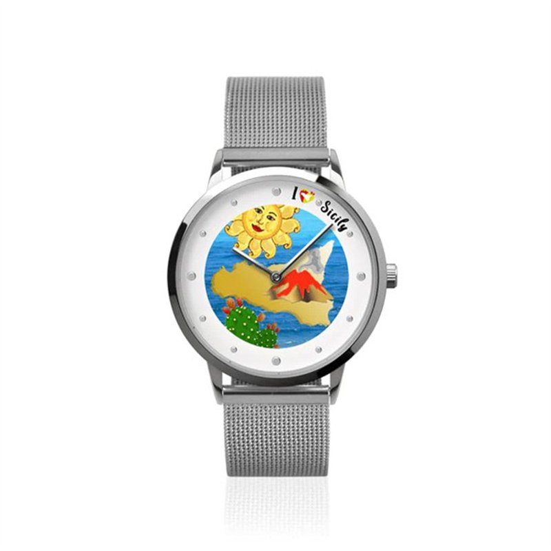 Orologio Analogico Metallo con quadrante impreziosito da disegno isola Sicilia e fico d’india, maglia milanese