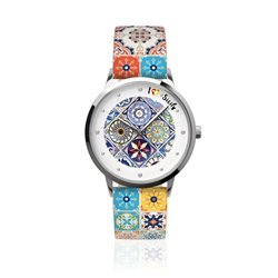 Orologio Analogico Metallo con quadrante impreziosito da disegno maiolica colorata, maglia stampa maiolica