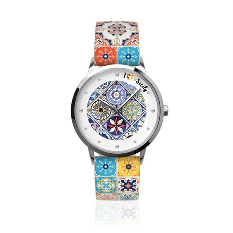 Orologio Analogico Metallo con quadrante impreziosito da disegno maiolica colorata, maglia stampa maiolica