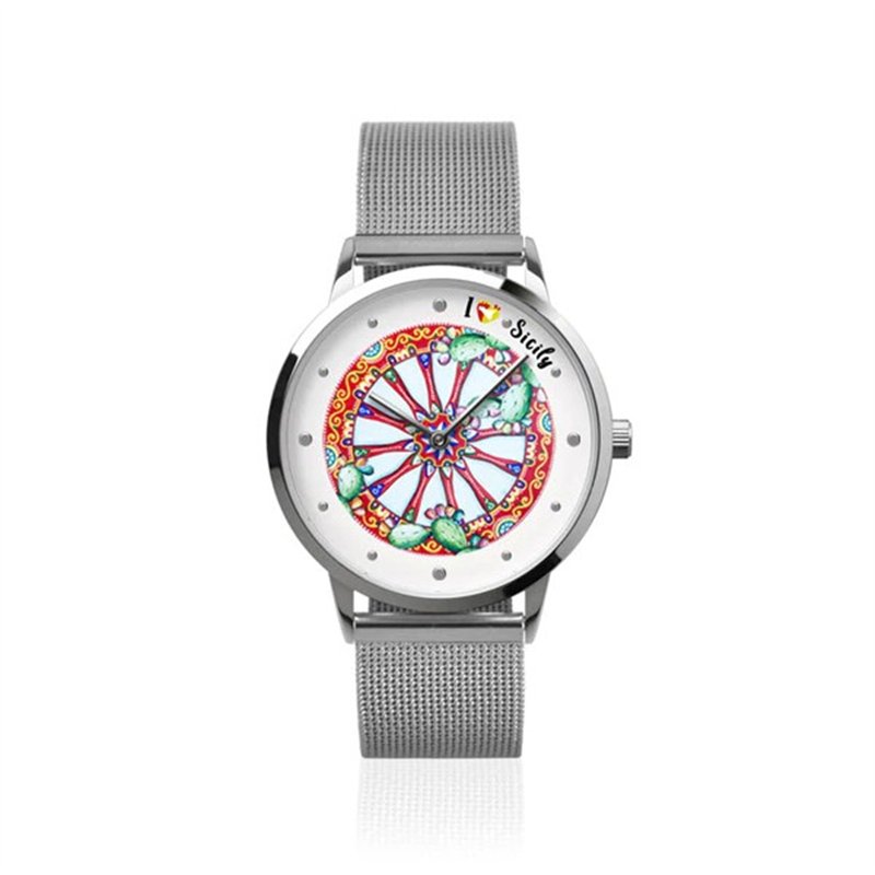 Orologio Analogico Metallo con quadrante impreziosito da disegno ruota carretto siciliano, maglia milanese