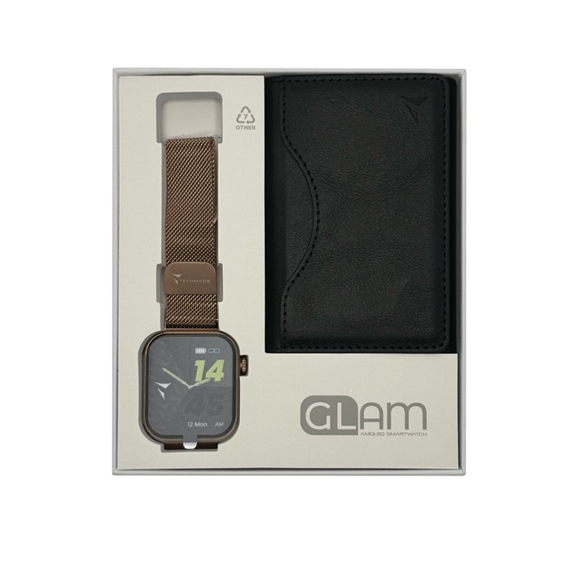 Smartwatch Glam con Intelligenza Artificiale - Bundle Pack - Cassa Gold Rose & Cinturino Metal / Portafogli Black